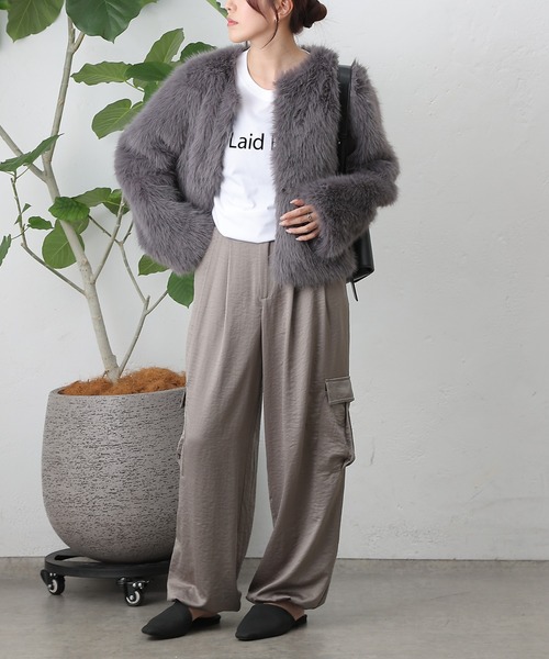 COLONY 2139（コロニートゥーワンスリーナイン）の「ノーカラーファージャケット（ノーカラージャケット・レディース・ブラウン/チャコールグレー/アイボリー・FREE）」の10枚目の写真