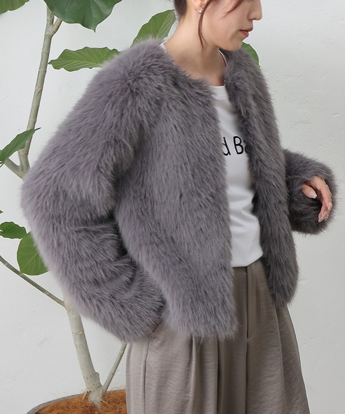 COLONY 2139（コロニートゥーワンスリーナイン）の「ノーカラーファージャケット（ノーカラージャケット・レディース・ブラウン/チャコールグレー/アイボリー・FREE）」の19枚目の写真