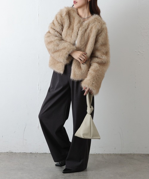 ノーカラーファージャケットコート FREAK'S STORE ジャケット ノーカラージャケット ファー ニット コート