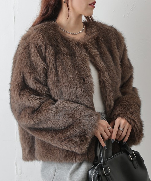 COLONY 2139（コロニートゥーワンスリーナイン）の「ノーカラーファージャケット（ノーカラージャケット・レディース・ブラウン/チャコールグレー/アイボリー・FREE）」の21枚目の写真