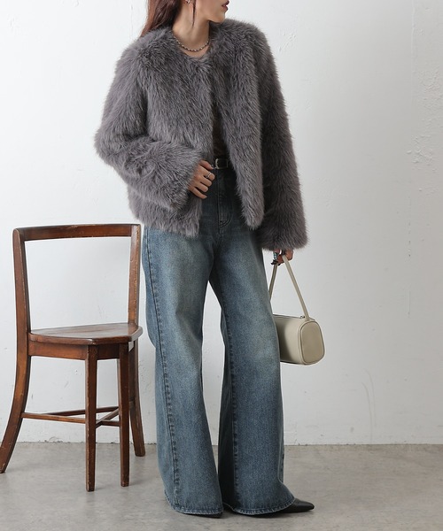 COLONY 2139（コロニートゥーワンスリーナイン）の「ノーカラーファージャケット（ノーカラージャケット・レディース・ブラウン/チャコールグレー/アイボリー・FREE）」の18枚目の写真