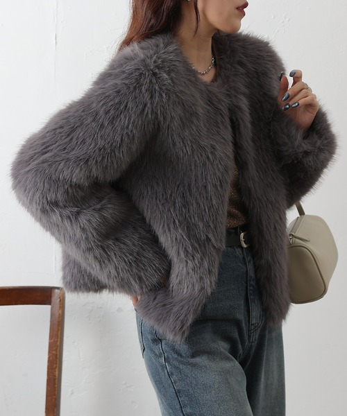 ノーカラーファージャケットコート FREAK'S STORE ジャケット ノーカラージャケット ファー ニット コート