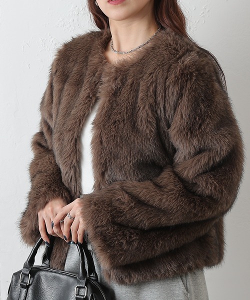 COLONY 2139（コロニートゥーワンスリーナイン）の「ノーカラーファージャケット（ノーカラージャケット・レディース・ブラウン/チャコールグレー/アイボリー・FREE）」の20枚目の写真