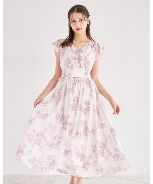 フリル付きウエストシャーリングフラワープリントカシュクールワンピース　ブルー フリル付きウエストシャーリングフラワープリントカシュクール