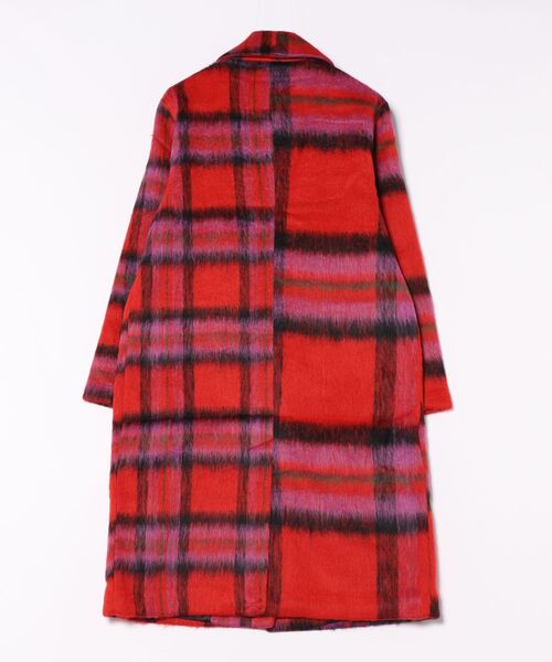 レッドタータンチェック Vネックロングウールコート 韓国風