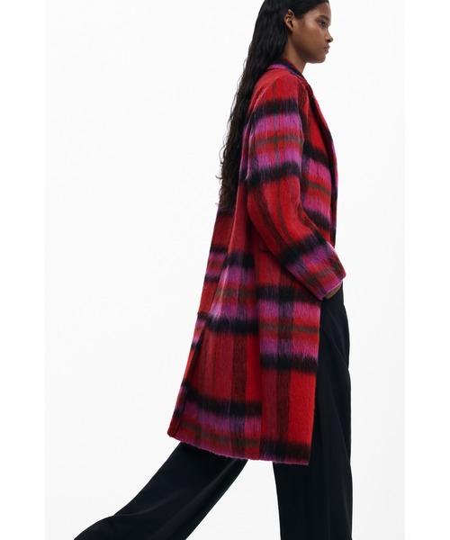 レッドタータンチェック Vネックロングウールコート 韓国風