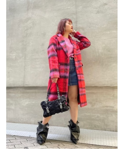 Desigual（デシグアル）の「レッドタータンチェック Vネックロングウールコート 韓国風（チェスターコート・レディース・レッド・S/M/L/XS/XL）」の6枚目の写真