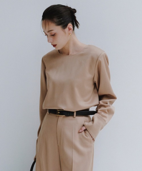 anuans サテンブラウス クロップド丈 新品未使用 ベージュ アニュアンス anuans ダブルサテンシャツブラウス （PINK BEIGE） -靴