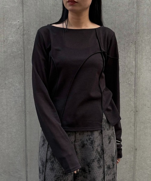 &g'aime（アンジェム）の「【&g'aime】メロー切替ショートトップス　Mellow Stitch Contrast Short Top（Tシャツ/カットソー・レディース・ブルー/ブラック/ホワイト・FREE）」の3枚目の写真