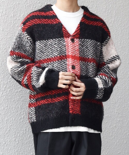 SHIPS any:〈手洗い可能〉アルパカ ミックス シャギー チェック ニット