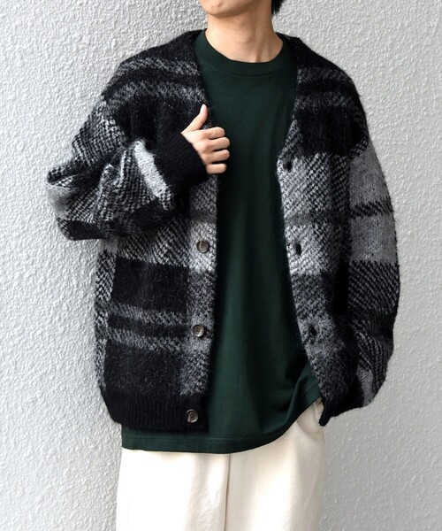 未使用★慈雨　センソユニコ　ウールチェック柄　ニット　カーディガン　定価3.9万 Confirm（コンファーム） カーディガン ビッグシルエット 柄アソート