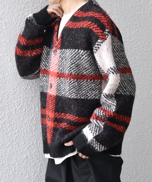 SHIPS any:〈手洗い可能〉アルパカ ミックス シャギー チェック ニット