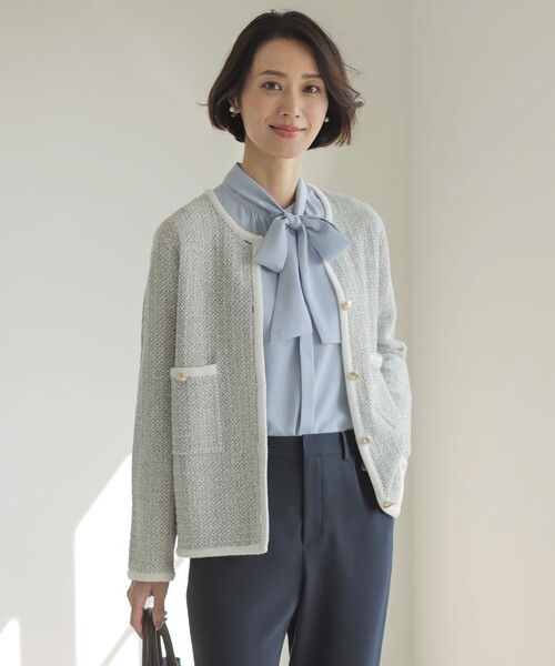 J.PRESS(ジェイプレス)の「NEW TWEED ニット ジャケット(ノーカラージャケット・レディース・ネイビー系/ライトグレー系5/ベージュ系5・MEDIUM/LARGE)」の2枚目の写真