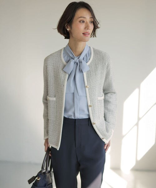 J.PRESS(ジェイプレス)の「NEW TWEED ニット ジャケット(ノーカラージャケット・レディース・ネイビー系/ライトグレー系5/ベージュ系5・MEDIUM/LARGE)」の5枚目の写真