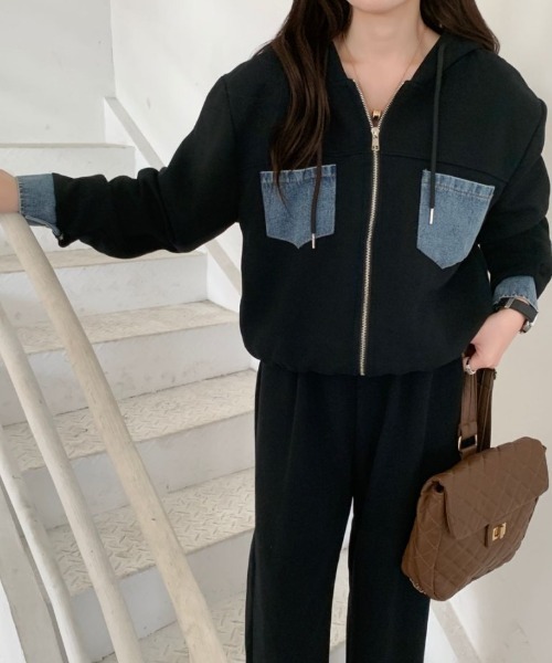 ABITOKYO（アビトーキョー）の「デニムドッキングスウェットパーカーセットアップ（セットアップ・レディース・ベージュ/ブラック/グレー・FREE）」の5枚目の写真
