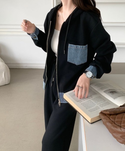 ABITOKYO（アビトーキョー）の「デニムドッキングスウェットパーカーセットアップ（セットアップ・レディース・ベージュ/ブラック/グレー・FREE）」の10枚目の写真