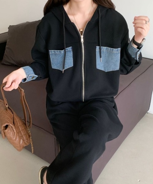 ABITOKYO（アビトーキョー）の「デニムドッキングスウェットパーカーセットアップ（セットアップ・レディース・ベージュ/ブラック/グレー・FREE）」の6枚目の写真