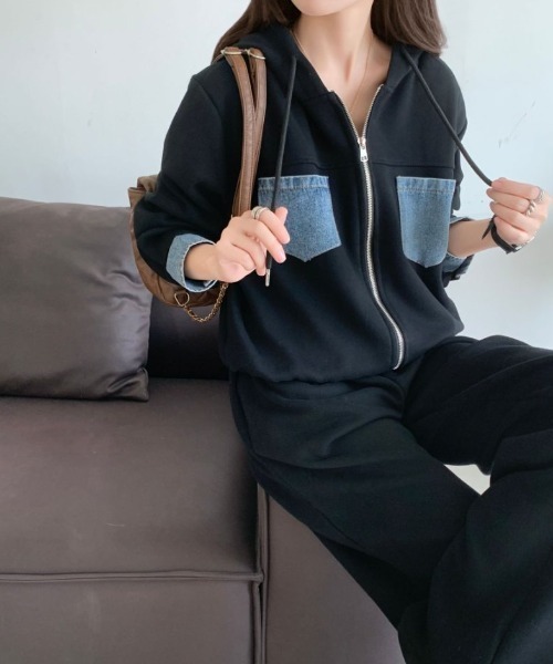 ABITOKYO（アビトーキョー）の「デニムドッキングスウェットパーカーセットアップ（セットアップ・レディース・ベージュ/ブラック/グレー・FREE）」の8枚目の写真