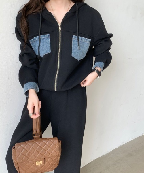 ABITOKYO（アビトーキョー）の「デニムドッキングスウェットパーカーセットアップ（セットアップ・レディース・ベージュ/ブラック/グレー・FREE）」の9枚目の写真