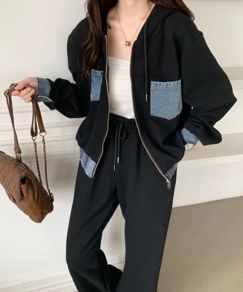 セール】デニムドッキングスウェットパーカーセットアップ