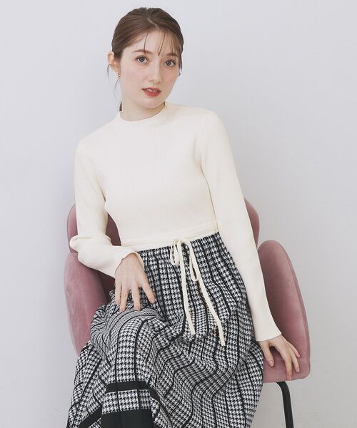 セール】千鳥チェックバイカラーニットワンピース【洗濯機OK/抗ピル