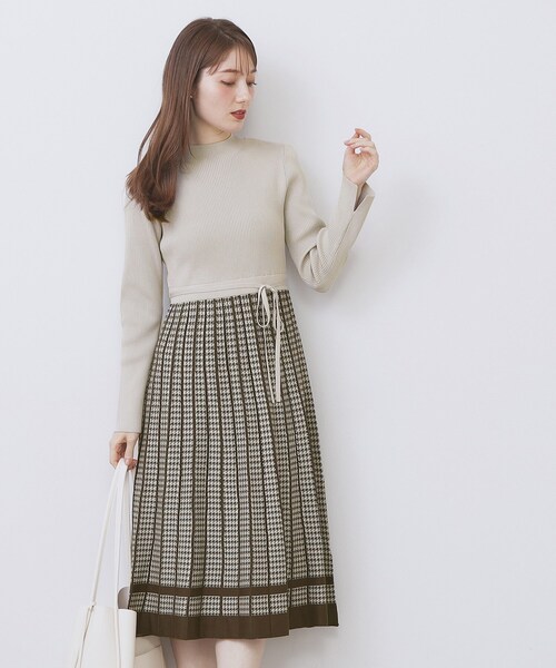 千鳥チェックバイカラーニットワンピース【洗濯機OK/抗ピル