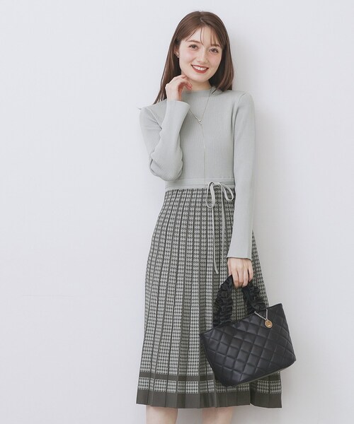 千鳥チェックバイカラーニットワンピース【洗濯機OK/抗ピル