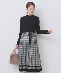 セール】千鳥チェックバイカラーニットワンピース【洗濯機OK/抗ピル
