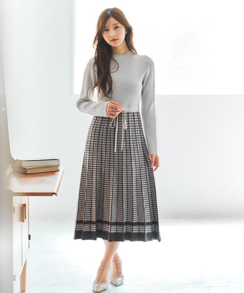 セール】千鳥チェックバイカラーニットワンピース【洗濯機OK/抗ピル