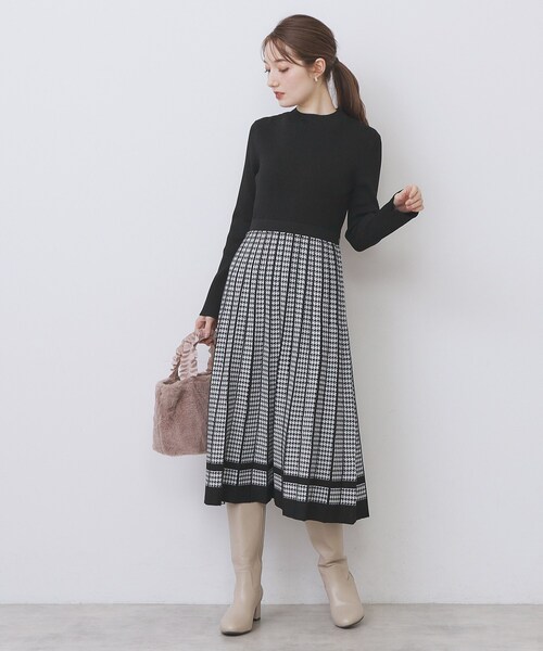 人気完売♡ グレンチェック×花モチーフ付 袖ニットワンピ 花柄ビスチェレイヤード風ワンピース[nr364] | レディースファッション