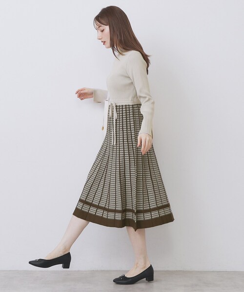 千鳥チェックバイカラーニットワンピース【洗濯機OK/抗ピル