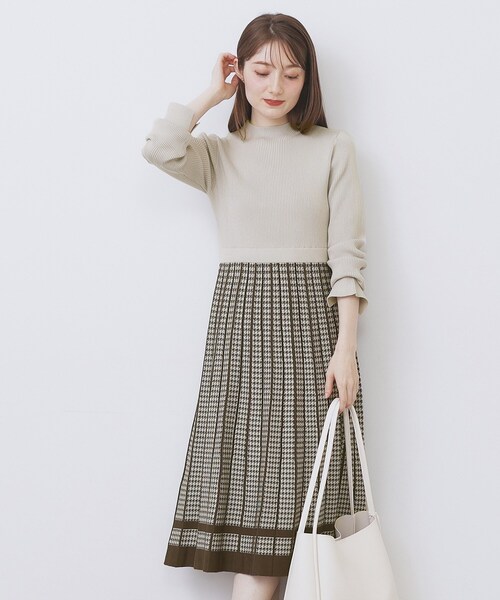 千鳥チェックバイカラーニットワンピース【洗濯機OK/抗ピル