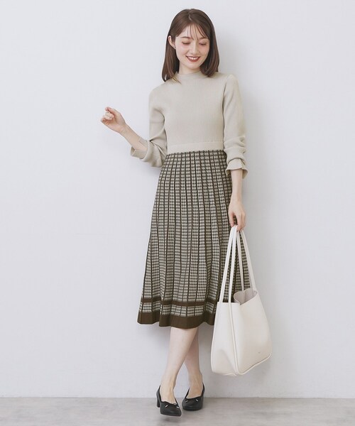 千鳥チェックバイカラーニットワンピース【洗濯機OK/抗ピル