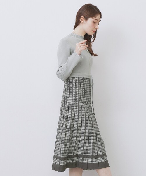 千鳥チェックバイカラーニットワンピース【洗濯機OK/抗ピル