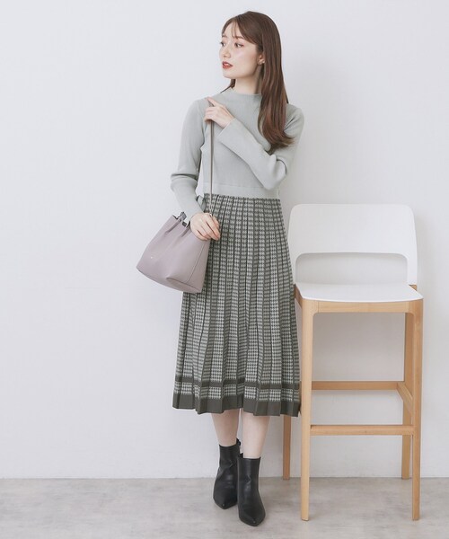 千鳥チェックバイカラーニットワンピース【洗濯機OK/抗ピル