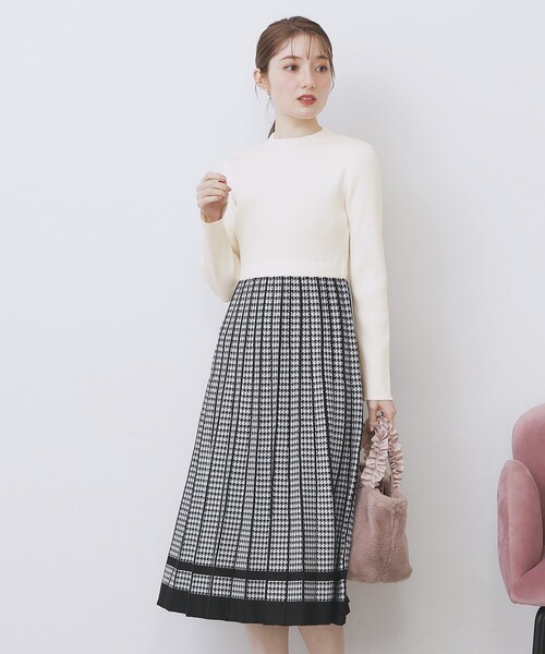 セール】千鳥チェックバイカラーニットワンピース【洗濯機OK/抗ピル