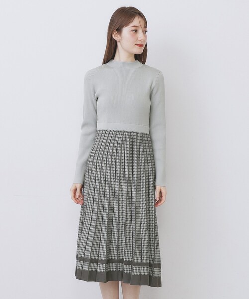 [美品]45R　ニットワンピース　コットンツイル　チェック　ベージュ　S チェックジャガードノースリニットワンピース（ワンピース