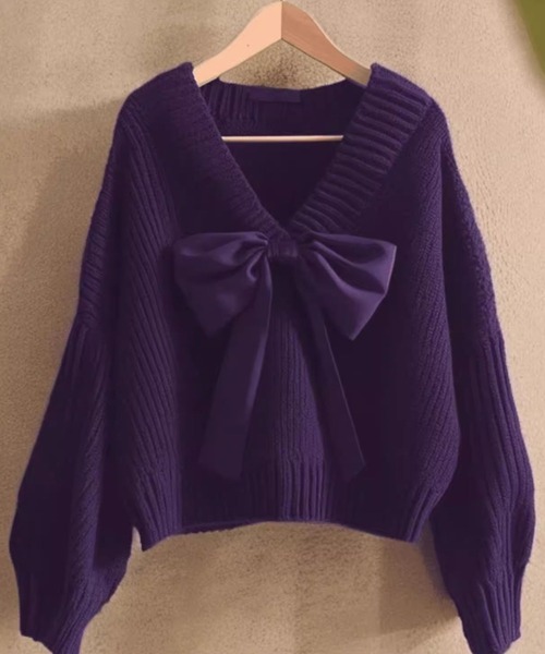 SPIGA（スピーガ）の「Vﾈｯｸﾘﾎﾞﾝﾓﾁｰﾌﾆｯﾄ（ニット/セーター・レディース・ブラック/レッド/パープル・FREE）」の3枚目の写真