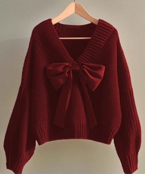 SPIGA（スピーガ）の「Vﾈｯｸﾘﾎﾞﾝﾓﾁｰﾌﾆｯﾄ（ニット/セーター・レディース・ブラック/レッド/パープル・FREE）」の2枚目の写真