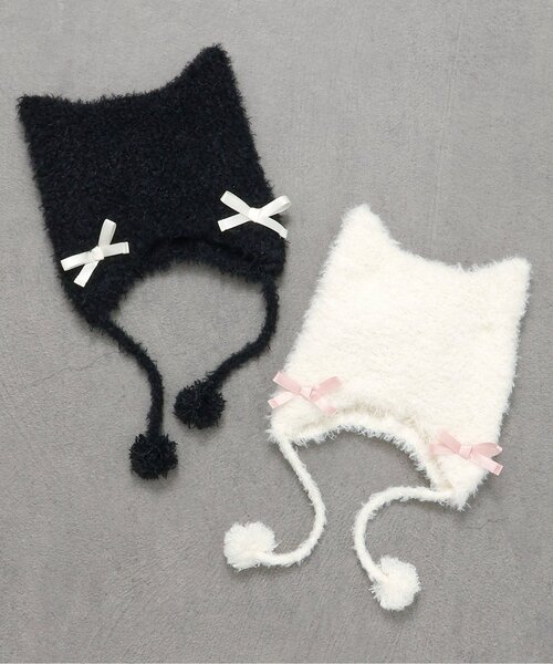 apres les cours（アプレレクール）の「ねこちゃん耳当て付きキャップ（ニットキャップ/ビーニー・キッズ・アイボリー/ブラック・50/54）」の14枚目の写真