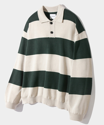 ASIストライプラグビー長袖ニットTシャツ_グリーン