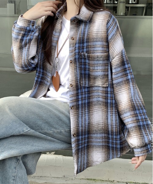 gossip!ロサンゼルス(ゴシップロサンゼルス)の「Y2K 男女共用ビッグサイズシャツチェック ロングシャツ(Tシャツ/カットソー・レディース・ブラック/ワイン/チェック・M)」の14枚目の写真