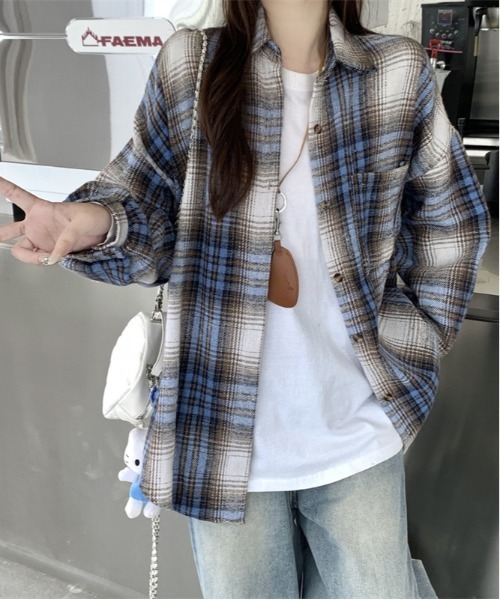 gossip!ロサンゼルス(ゴシップロサンゼルス)の「Y2K 男女共用ビッグサイズシャツチェック ロングシャツ(Tシャツ/カットソー・レディース・ブラック/ワイン/チェック・M)」の12枚目の写真