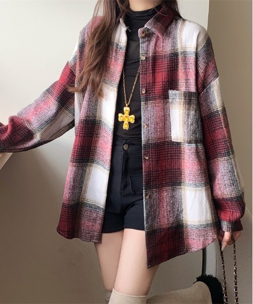 gossip!ロサンゼルス(ゴシップロサンゼルス)の「Y2K 男女共用ビッグサイズシャツチェック ロングシャツ(Tシャツ/カットソー・レディース・ブラック/ワイン/チェック・M)」の22枚目の写真