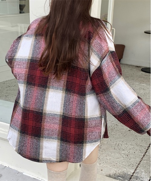 gossip!ロサンゼルス(ゴシップロサンゼルス)の「Y2K 男女共用ビッグサイズシャツチェック ロングシャツ(Tシャツ/カットソー・レディース・ブラック/ワイン/チェック・M)」の20枚目の写真