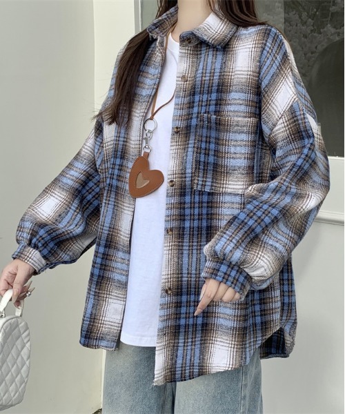 gossip!ロサンゼルス(ゴシップロサンゼルス)の「Y2K 男女共用ビッグサイズシャツチェック ロングシャツ(Tシャツ/カットソー・レディース・ブラック/ワイン/チェック・M)」の15枚目の写真