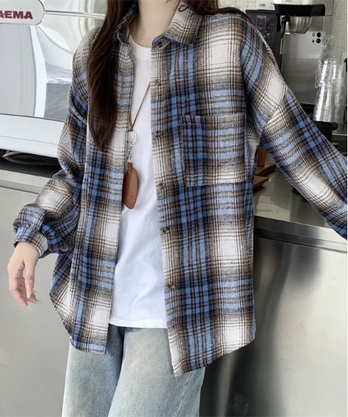 gossip!ロサンゼルス(ゴシップロサンゼルス)の「Y2K 男女共用ビッグサイズシャツチェック ロングシャツ(Tシャツ/カットソー・レディース・ブラック/ワイン/チェック・M)」の5枚目の写真