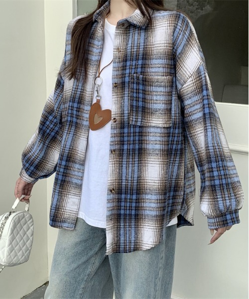 gossip!ロサンゼルス(ゴシップロサンゼルス)の「Y2K 男女共用ビッグサイズシャツチェック ロングシャツ(Tシャツ/カットソー・レディース・ブラック/ワイン/チェック・M)」の9枚目の写真