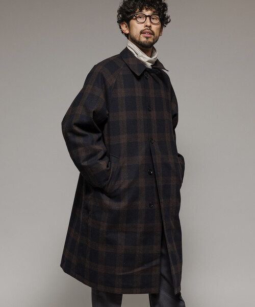 【新品】BLAMINK タータンチェック ステンカラーウールコート 男女兼用48 セール】リバーシブル ウール混 フランネル チェック バルマカーン