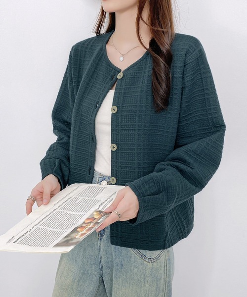 CHUN CHUN NOTES(チュンチュンノーツ)の「チェック風テクスチャーカーディガン(カーディガン/ボレロ・レディース・オフホワイト/グリーン・F)」の11枚目の写真